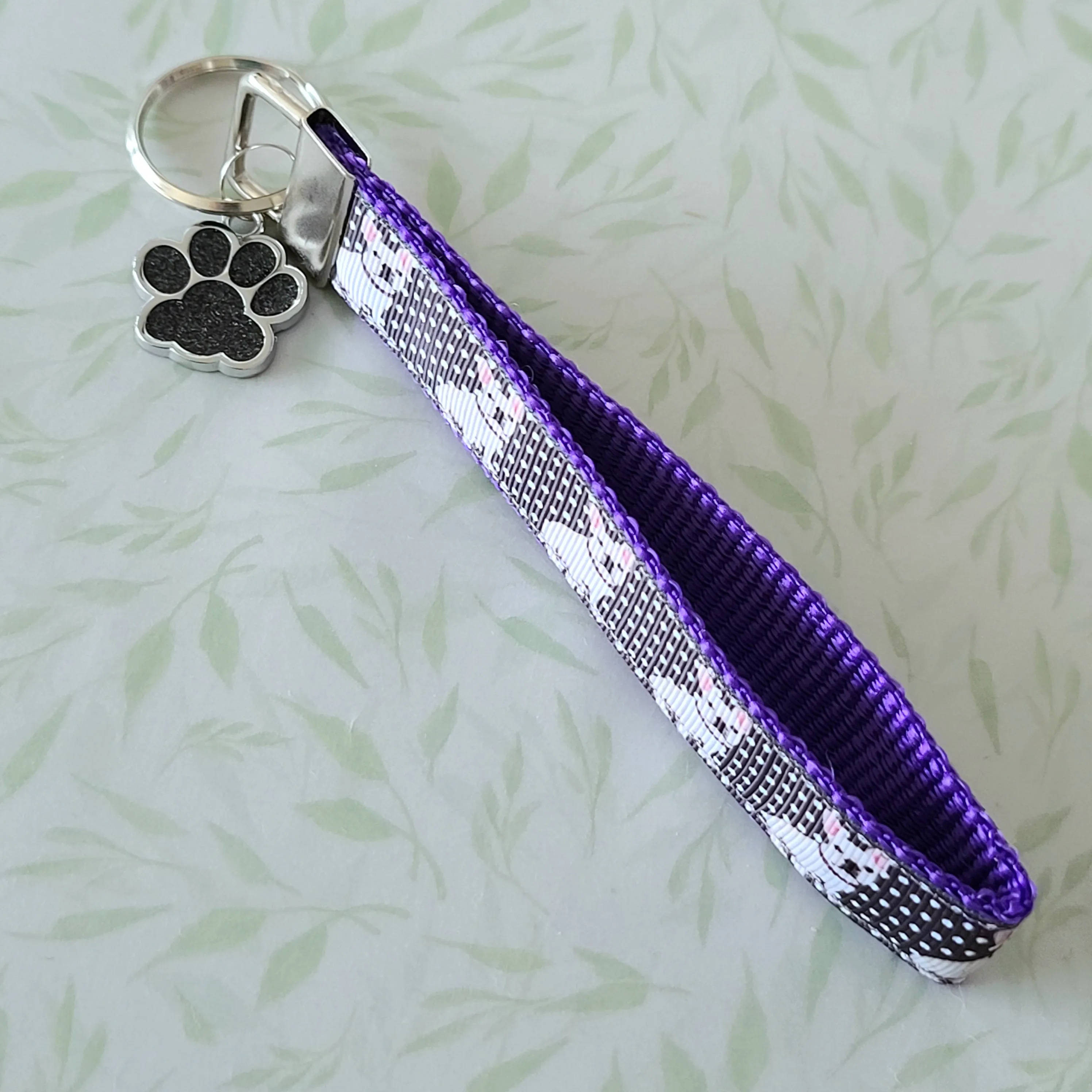 French Bulldog on Polka Dots Key Chain Fob with Enameled Paw Print charm