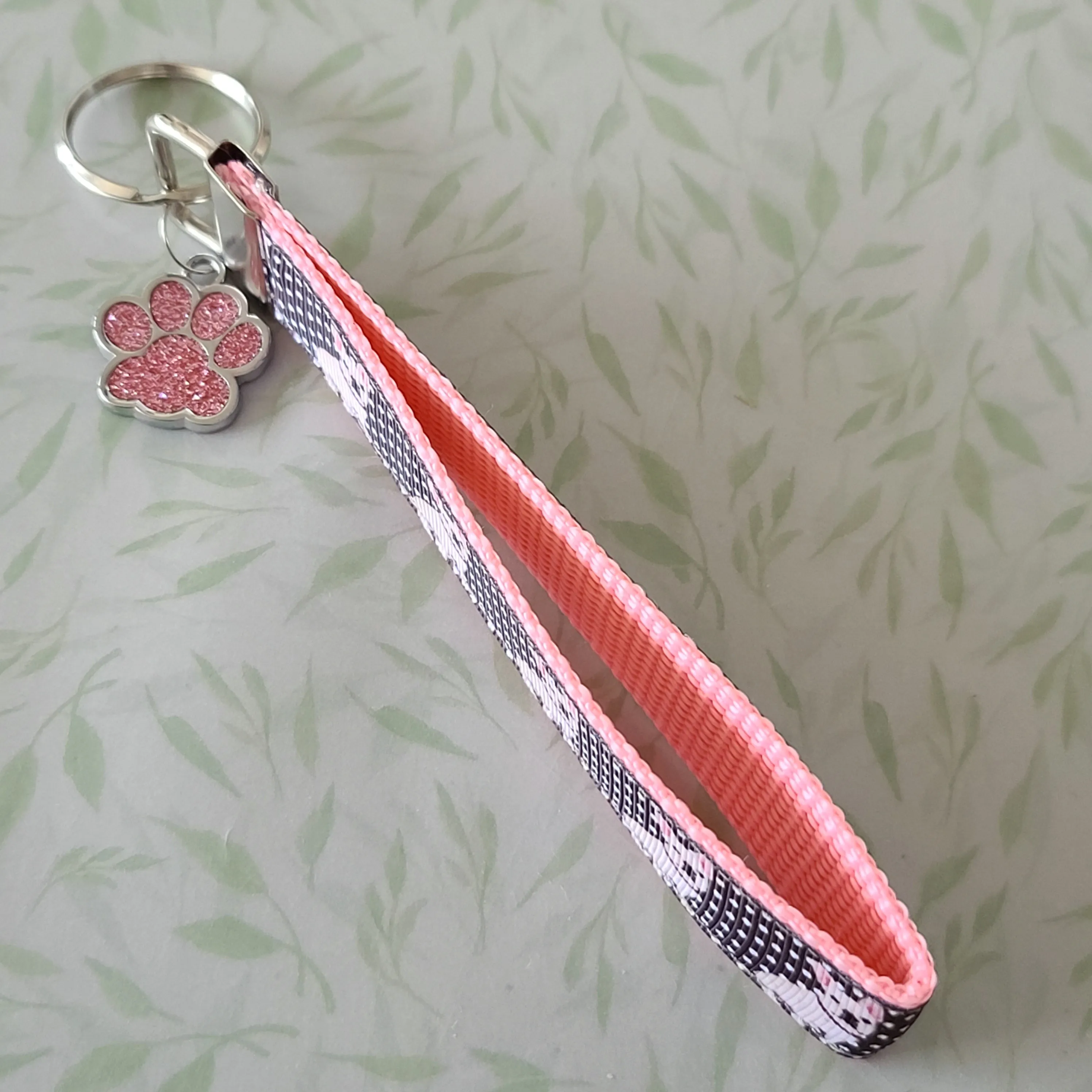 French Bulldog on Polka Dots Key Chain Fob with Enameled Paw Print charm