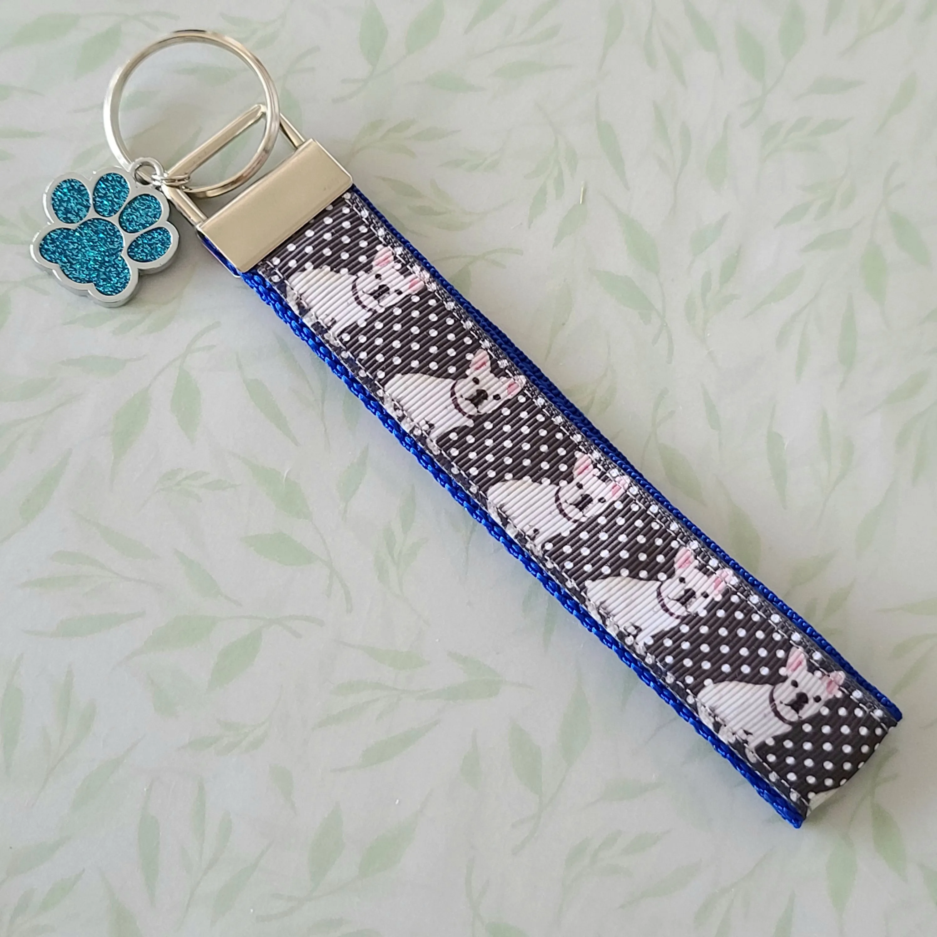 French Bulldog on Polka Dots Key Chain Fob with Enameled Paw Print charm