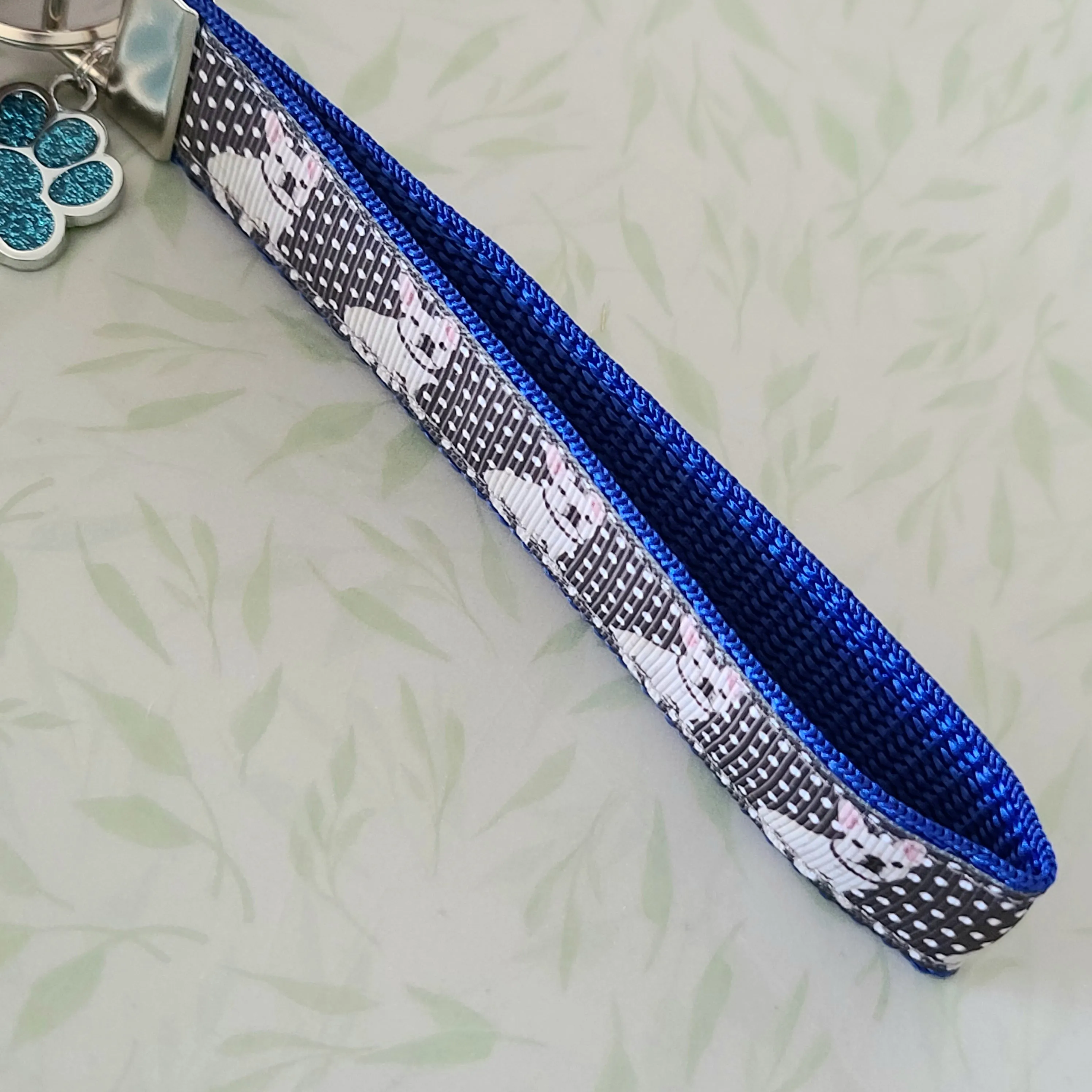 French Bulldog on Polka Dots Key Chain Fob with Enameled Paw Print charm