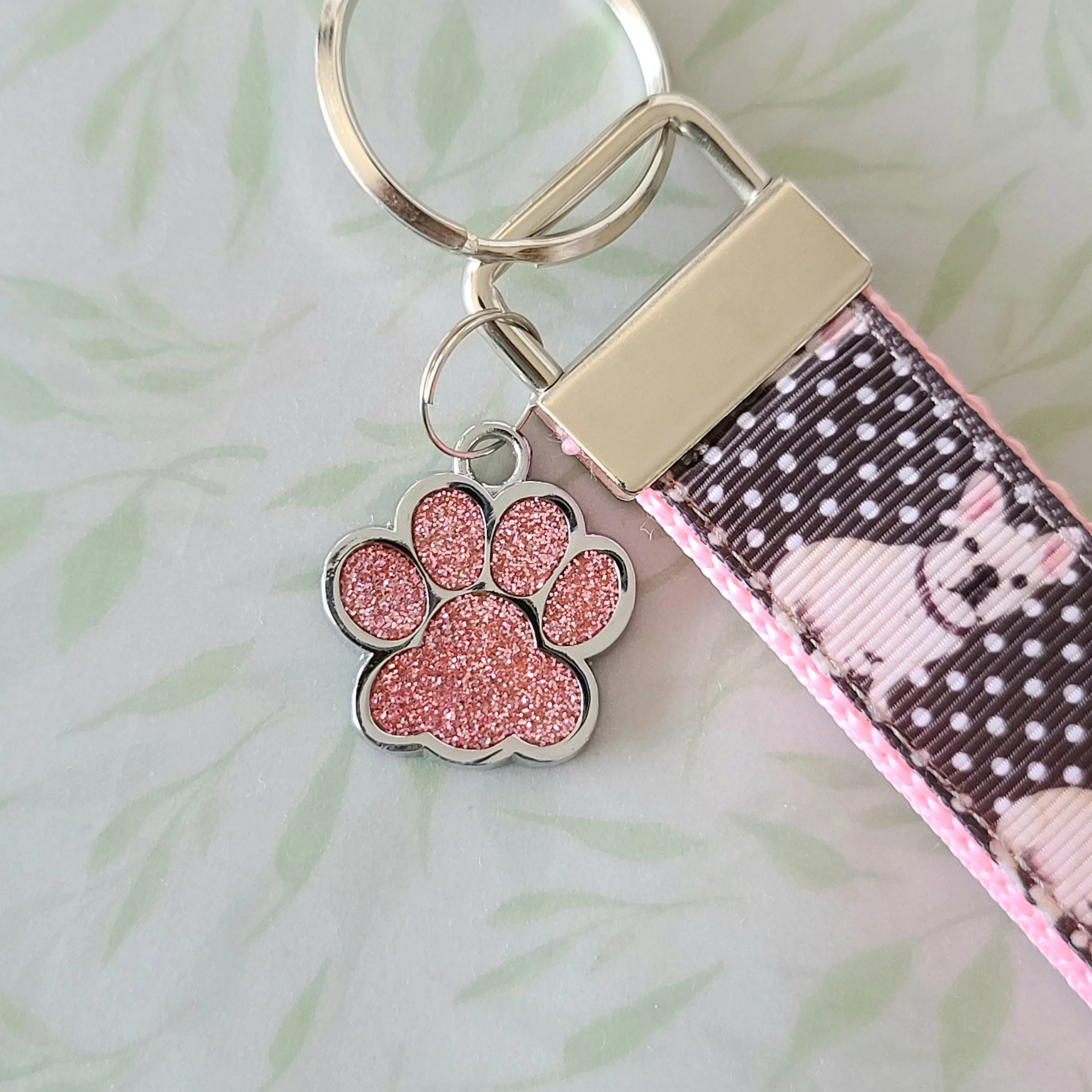 French Bulldog on Polka Dots Key Chain Fob with Enameled Paw Print charm