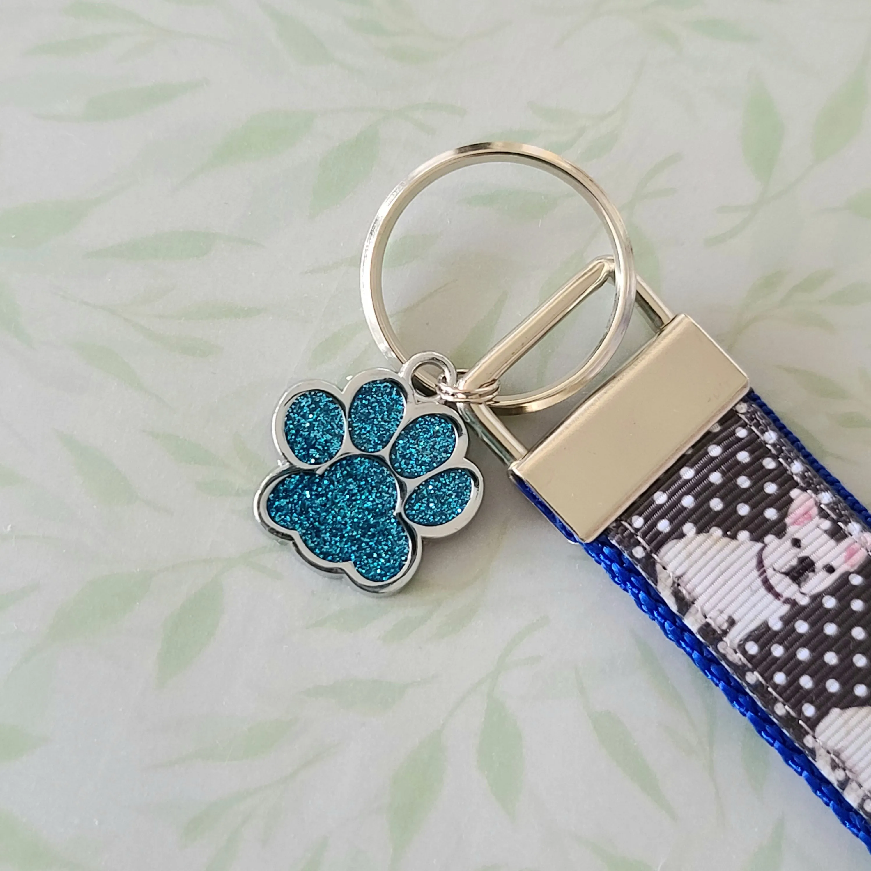 French Bulldog on Polka Dots Key Chain Fob with Enameled Paw Print charm
