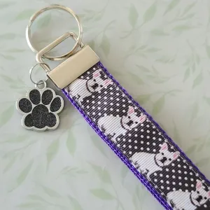 French Bulldog on Polka Dots Key Chain Fob with Enameled Paw Print charm