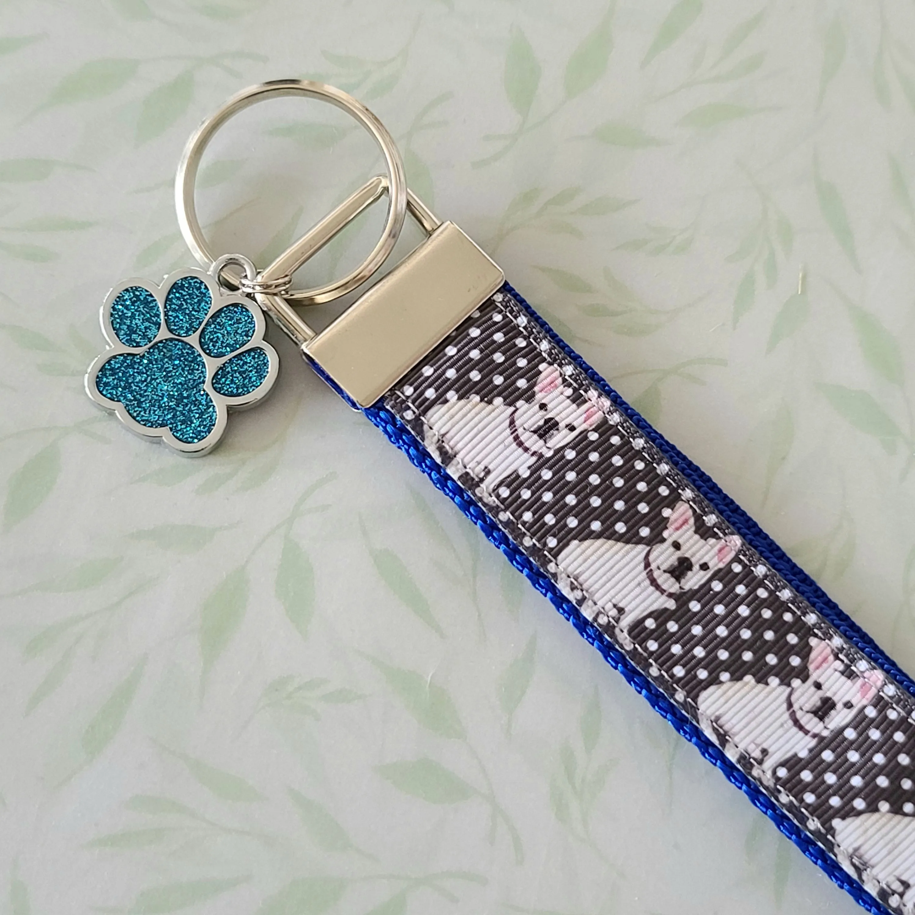 French Bulldog on Polka Dots Key Chain Fob with Enameled Paw Print charm