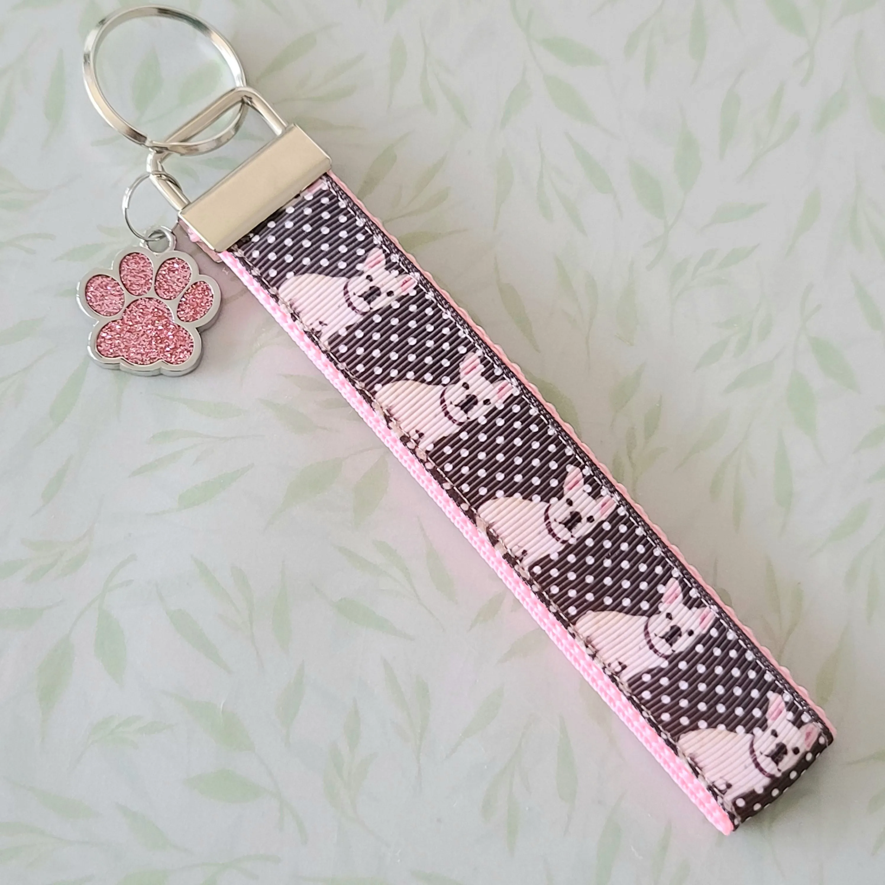 French Bulldog on Polka Dots Key Chain Fob with Enameled Paw Print charm