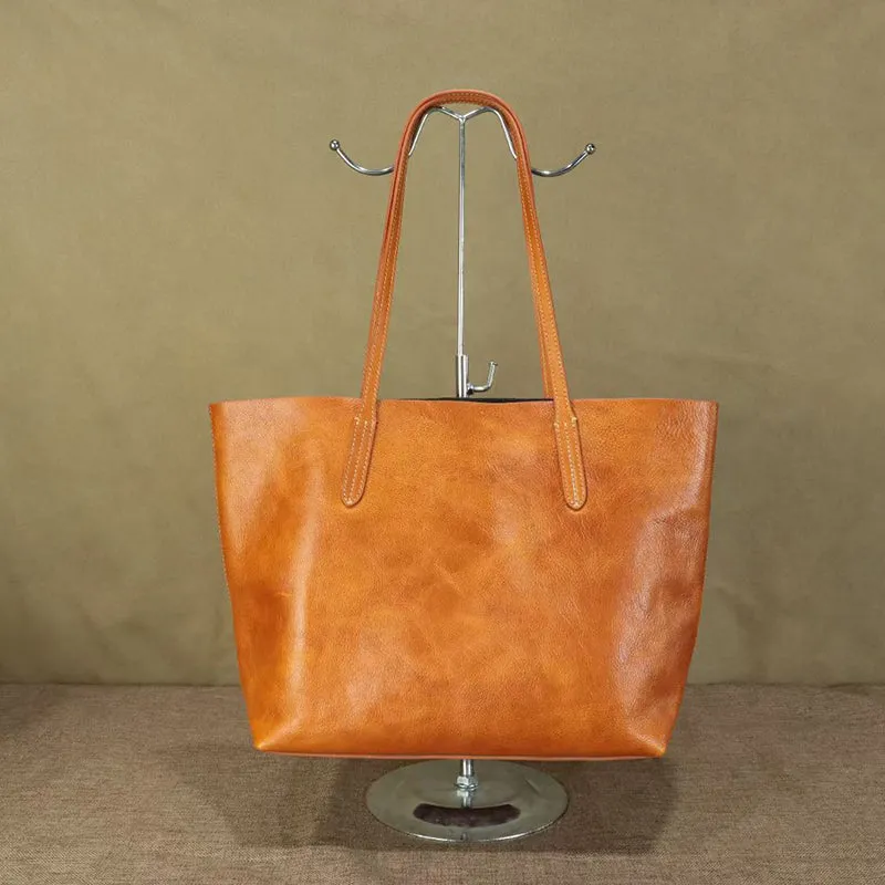 Full Grain Leather Tote Classic Everyday Use Tote Bag Work Student Bag Leather Shoulder Bag For Women