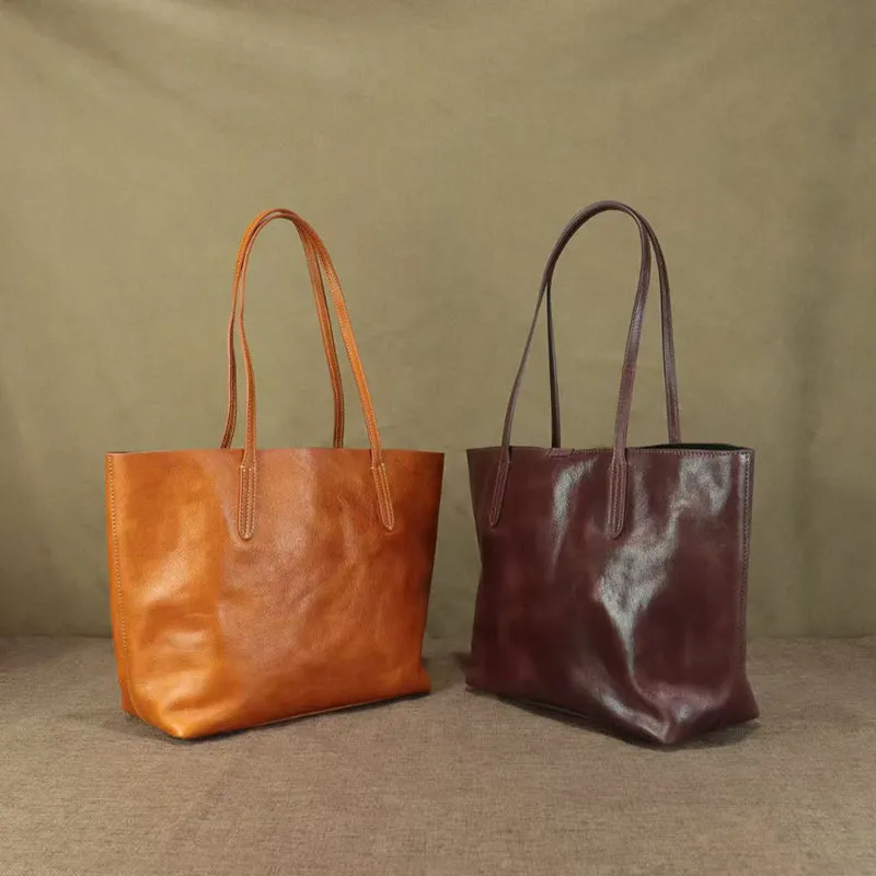 Full Grain Leather Tote Classic Everyday Use Tote Bag Work Student Bag Leather Shoulder Bag For Women