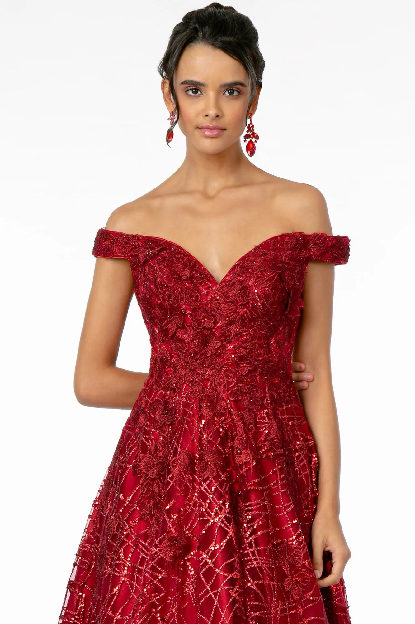 GL 2944 - Off the Shoulder A-Line Prom Gown with Embellished Sweet heart Top & Glittery Skirt