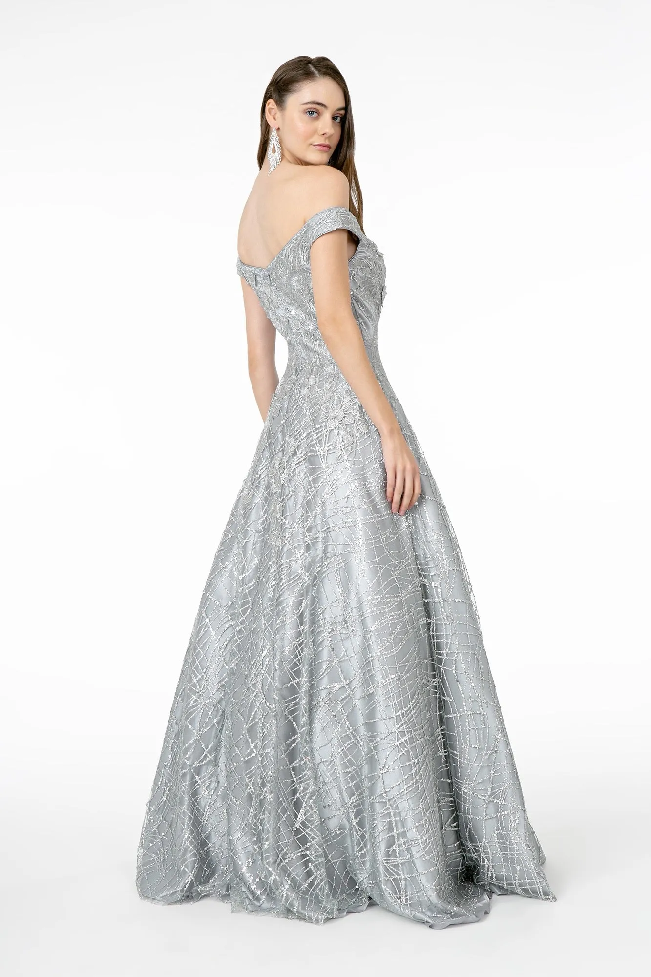 GL 2944 - Off the Shoulder A-Line Prom Gown with Embellished Sweet heart Top & Glittery Skirt