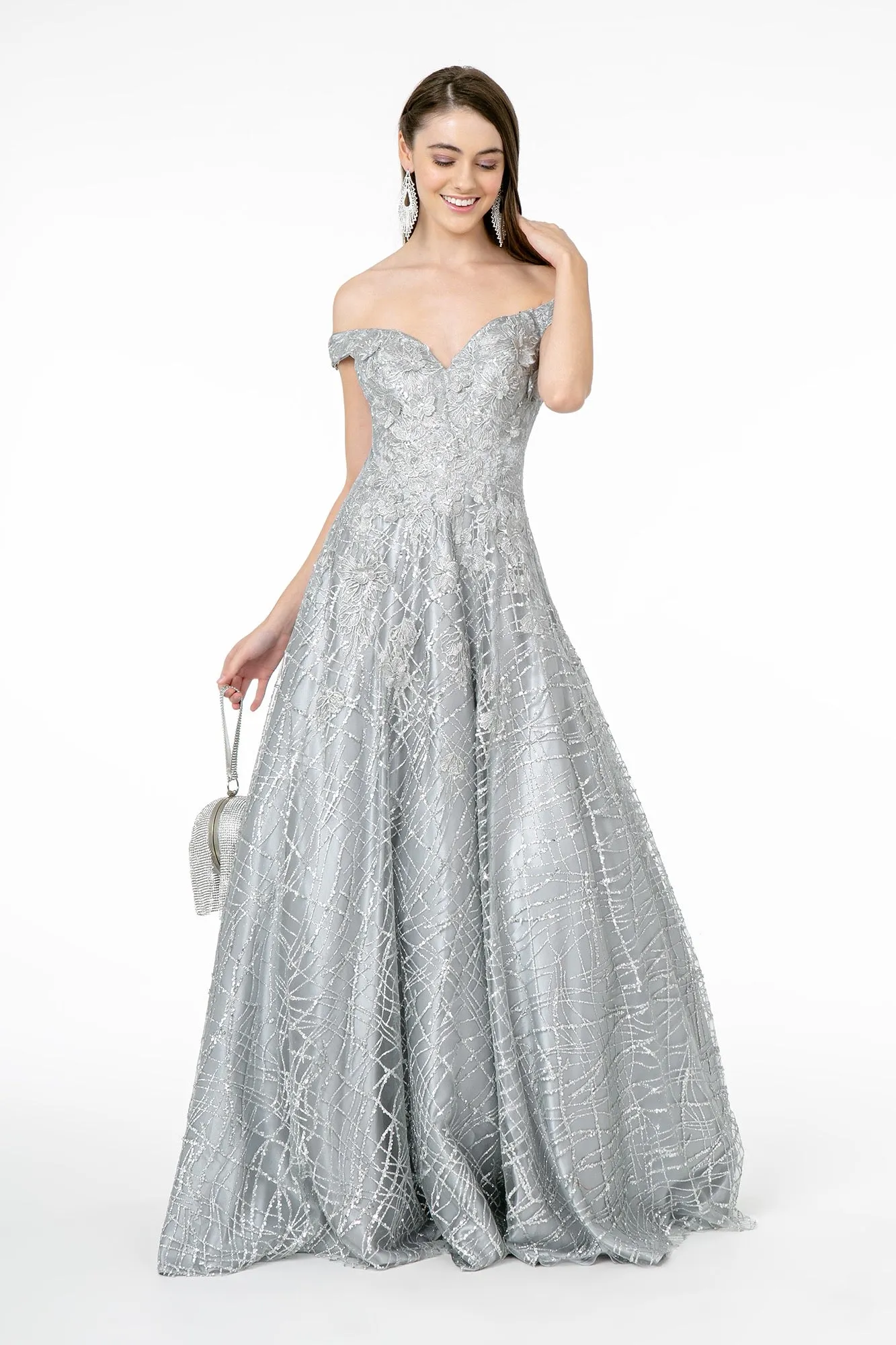 GL 2944 - Off the Shoulder A-Line Prom Gown with Embellished Sweet heart Top & Glittery Skirt