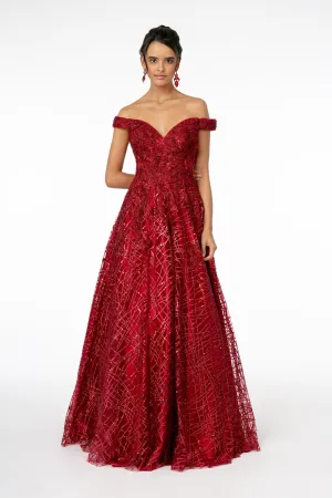 GL 2944 - Off the Shoulder A-Line Prom Gown with Embellished Sweet heart Top & Glittery Skirt