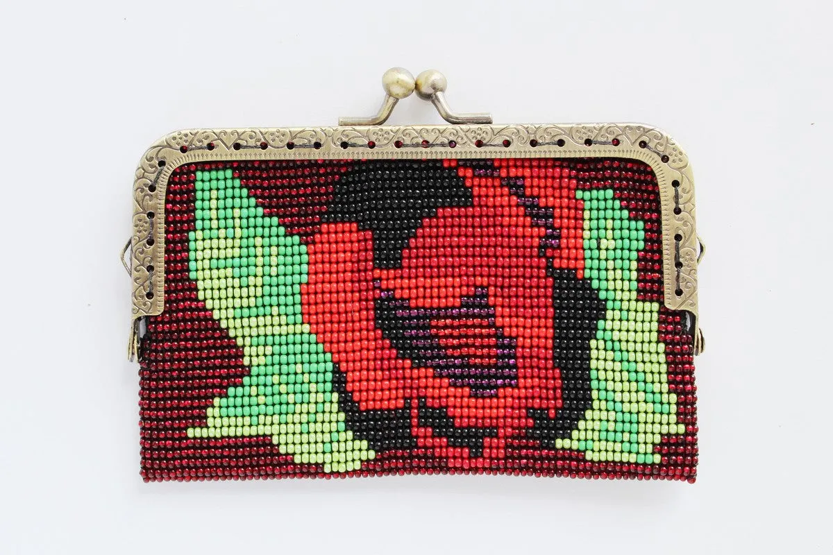 Glass Bead Flower Purse Metal Frame - RED