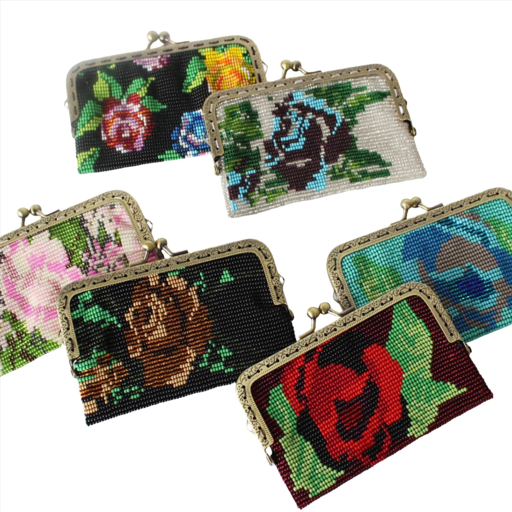 Glass Bead Flower Purse Metal Frame - RED