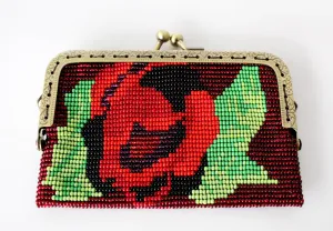 Glass Bead Flower Purse Metal Frame - RED