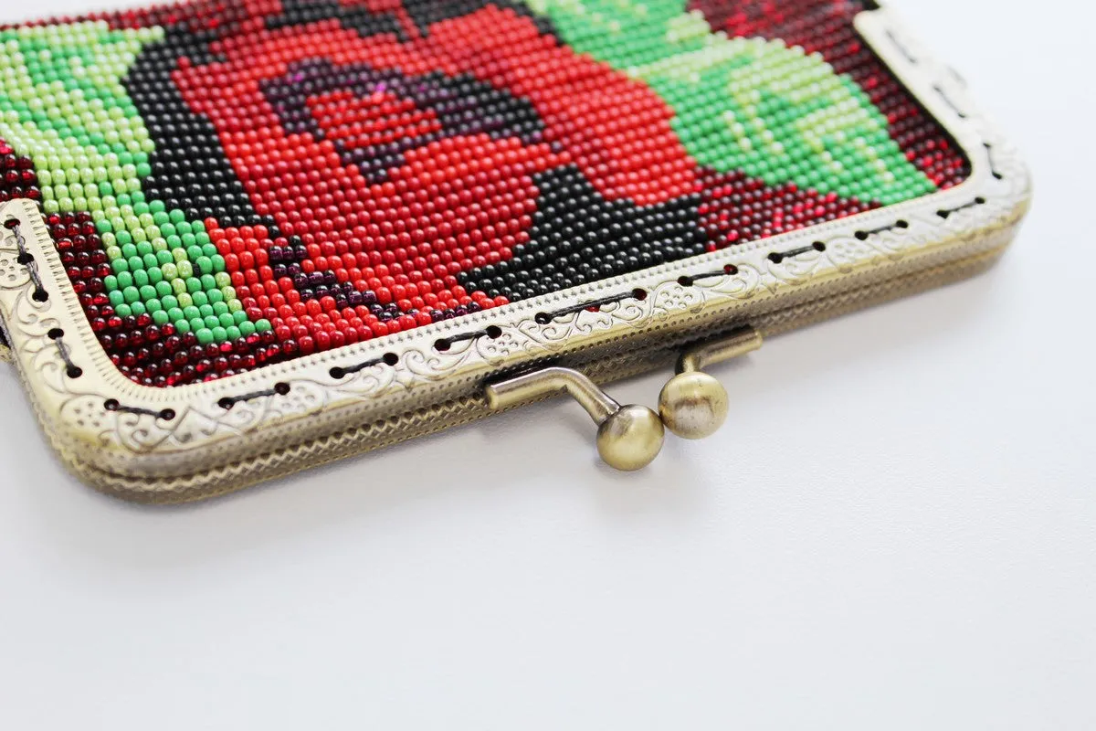 Glass Bead Flower Purse Metal Frame - RED