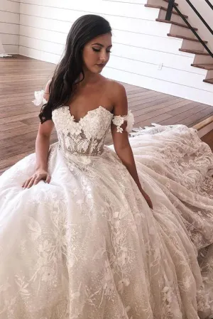Gorgeous A Line Off the Shoulder White Wedding Dresses with Appliques OHD100