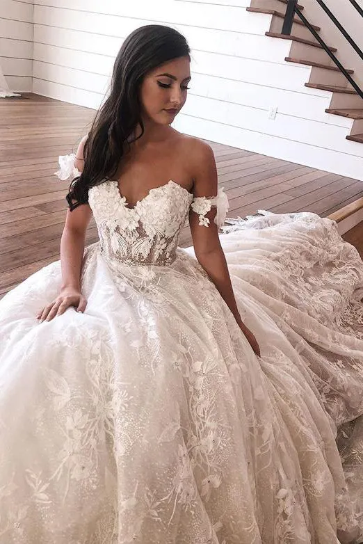 Gorgeous A Line Off the Shoulder White Wedding Dresses with Appliques OHD100