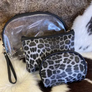 Grey Leopard 3pc Cosmetic Bag Set