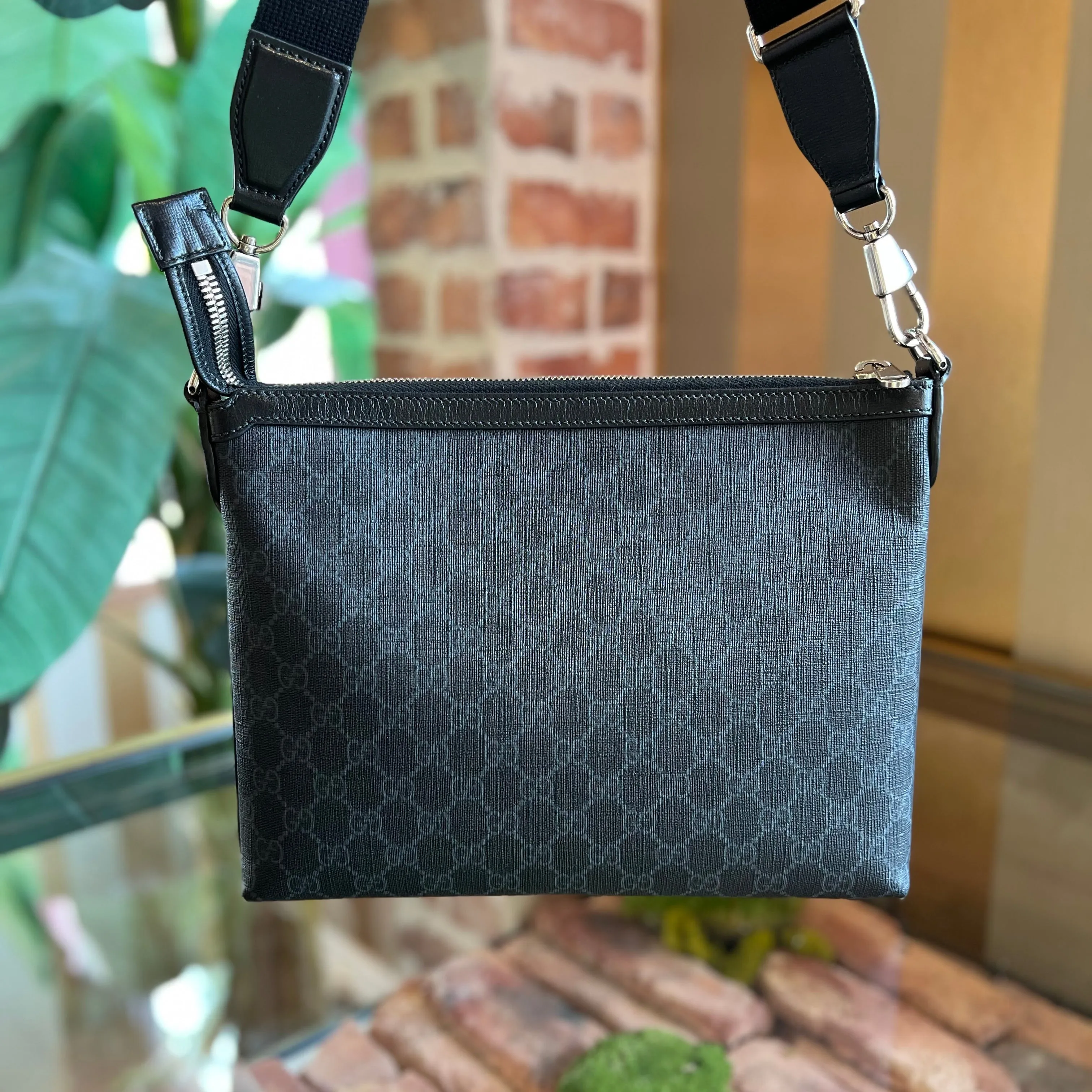 GUCCI Messenger Black GG Supreme Monogram Azalea Calfskin Retro Interlocking G Wristlet Crossbody Bag