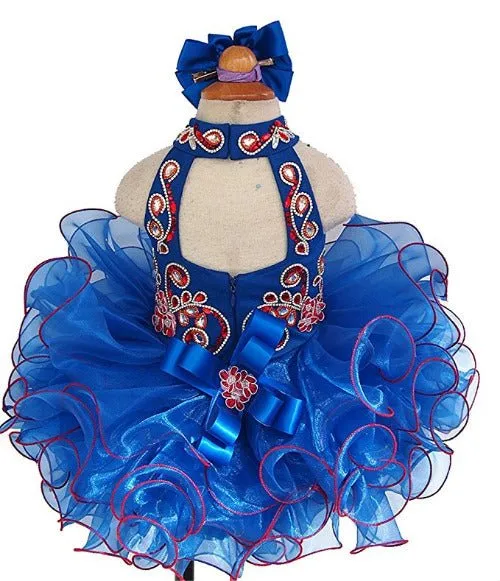 Haler Beaded Bodice Baby Royal Blue Cupcake Pageant Dress With Hair bow