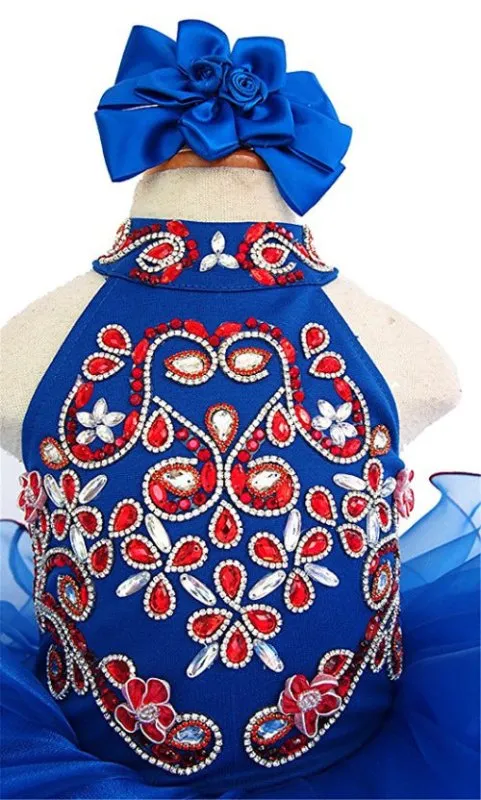 Haler Beaded Bodice Baby Royal Blue Cupcake Pageant Dress With Hair bow