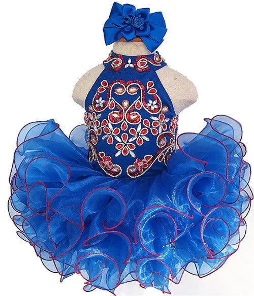 Haler Beaded Bodice Baby Royal Blue Cupcake Pageant Dress With Hair bow