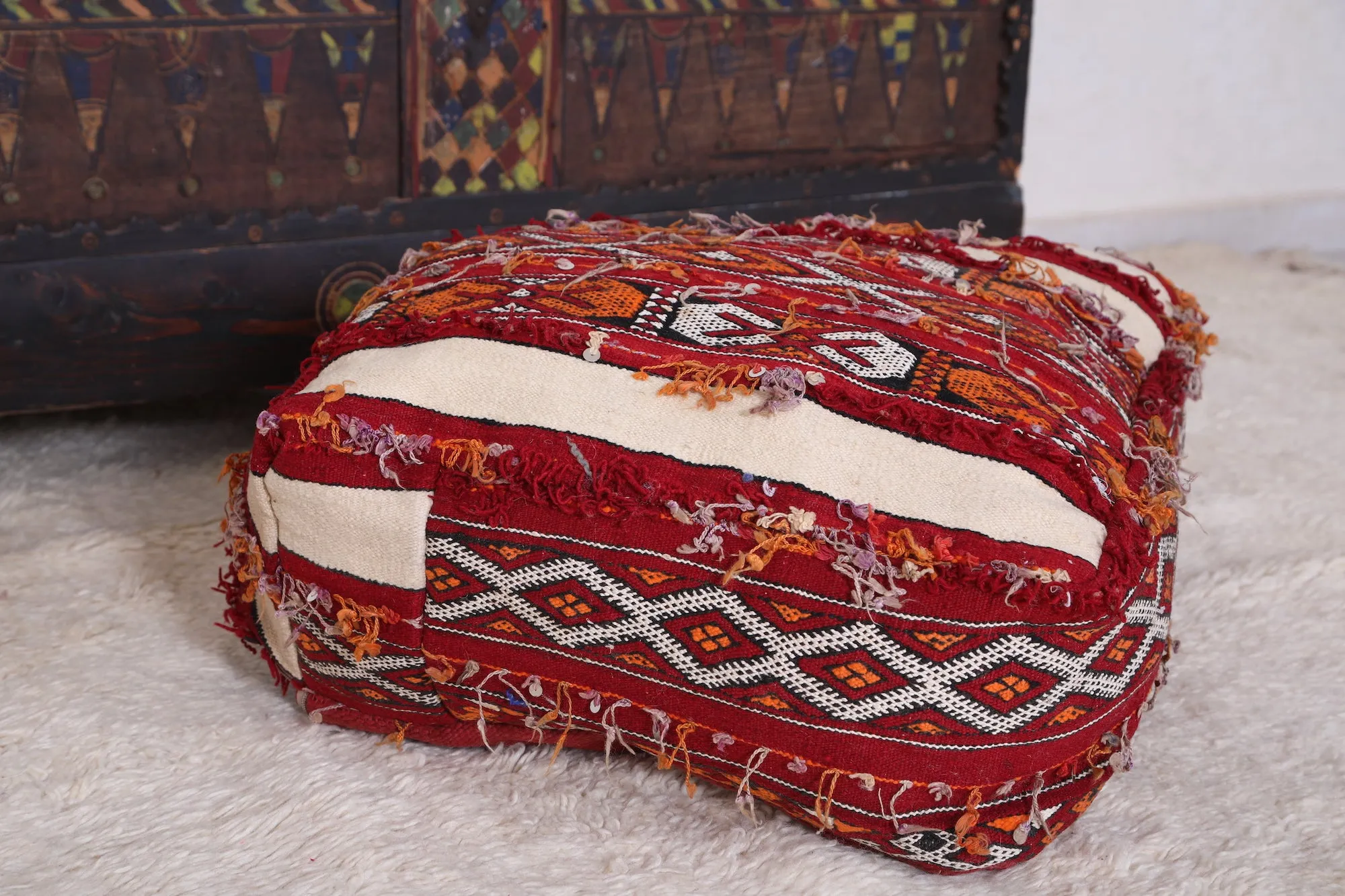 Hand Knotted berber Moroccan rug Pouf Ottoman