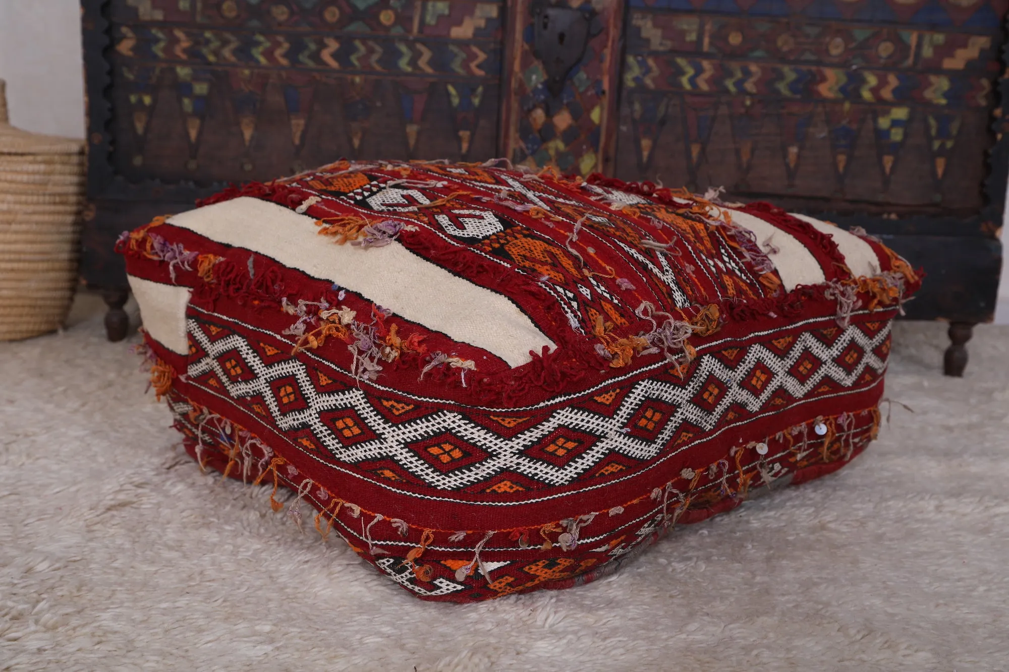 Hand Knotted berber Moroccan rug Pouf Ottoman
