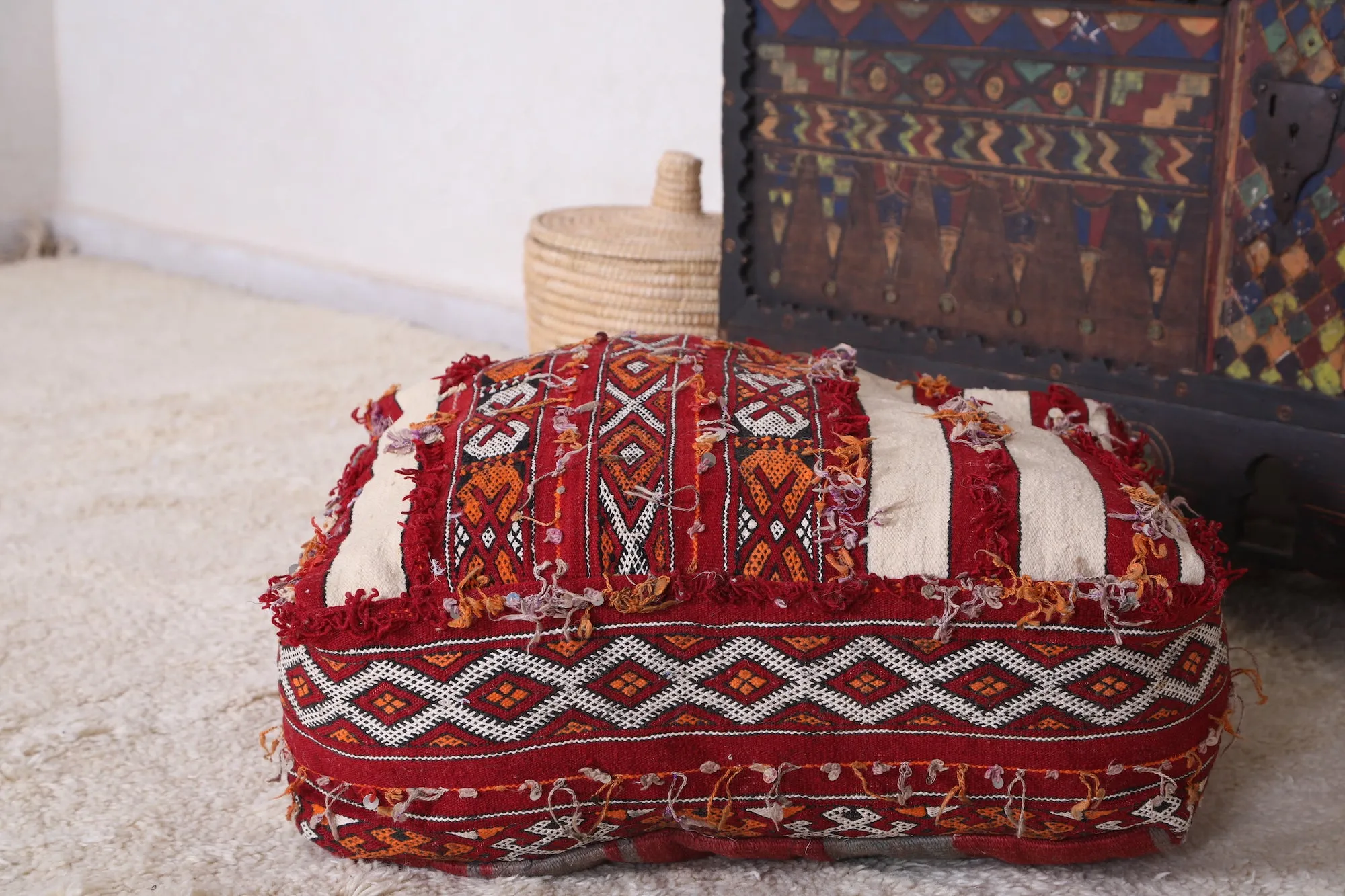 Hand Knotted berber Moroccan rug Pouf Ottoman