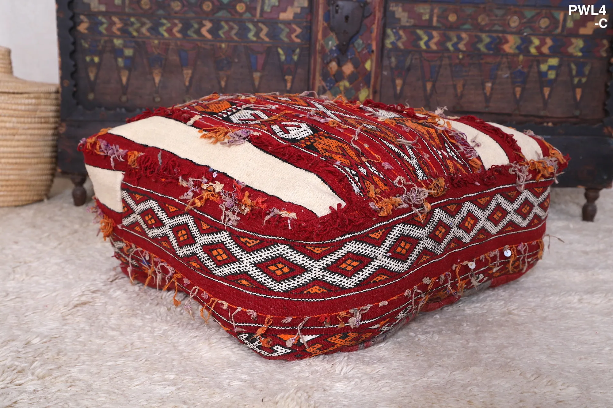 Hand Knotted berber Moroccan rug Pouf Ottoman