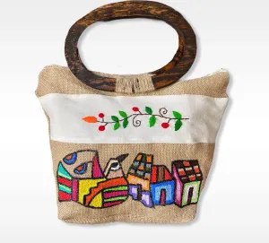 Handmade & Painted Jute Tote with Wooden Handle- Bolsa de Yute Pintada y hecha a mano con manecilla de madera