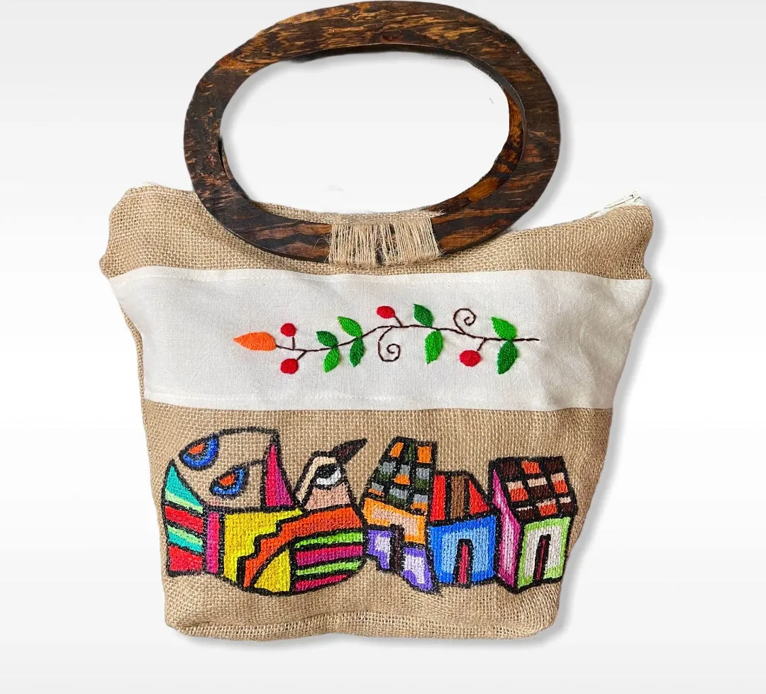 Handmade & Painted Jute Tote with Wooden Handle- Bolsa de Yute Pintada y hecha a mano con manecilla de madera
