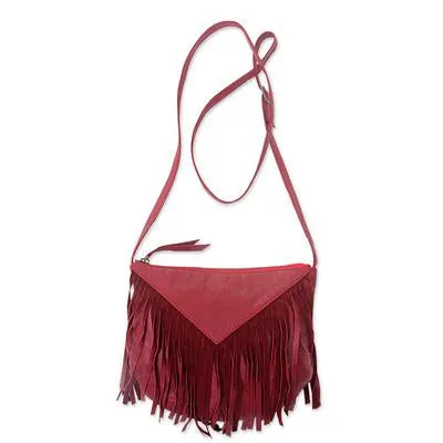Handmade Red Leather Fringed Shoulder Bag