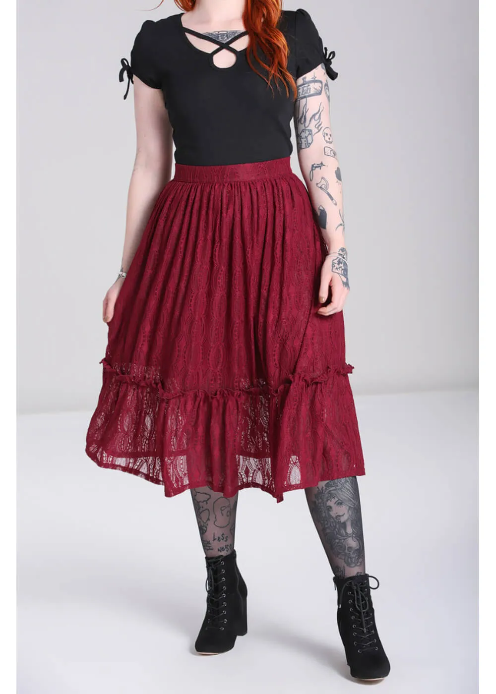 Hell Bunny Rhea Lace 70's Skirt Burgundy