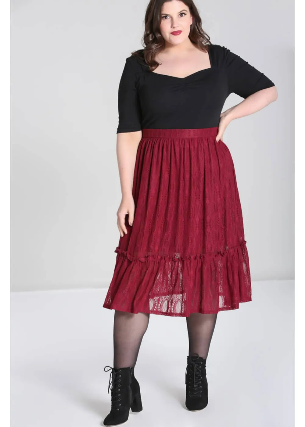 Hell Bunny Rhea Lace 70's Skirt Burgundy