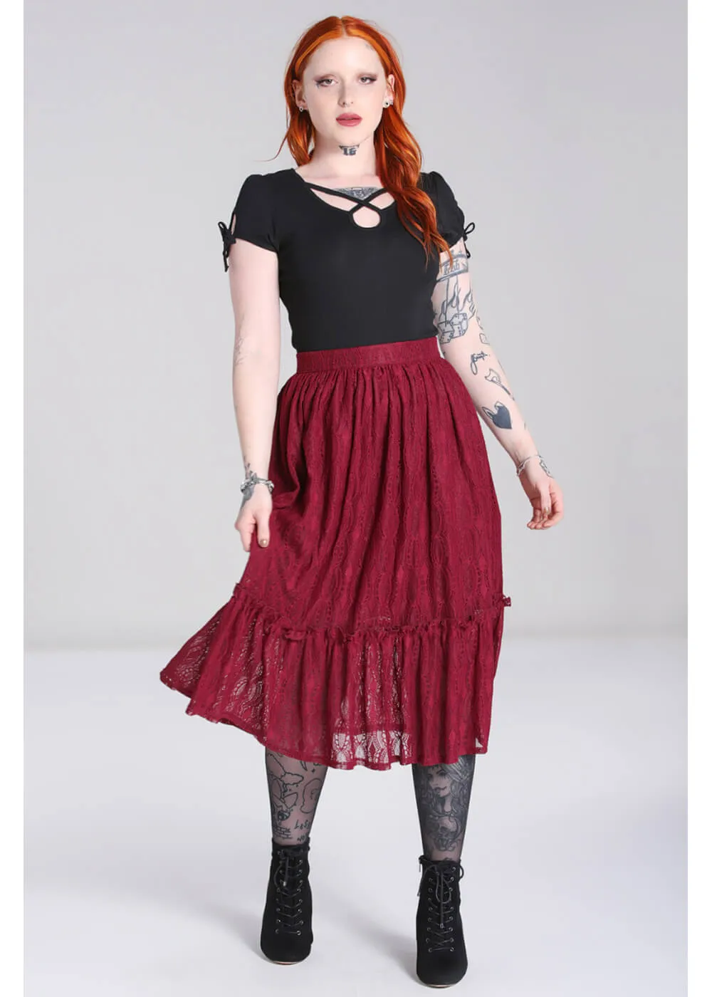 Hell Bunny Rhea Lace 70's Skirt Burgundy