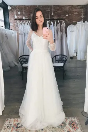 Ivory Tulle A-line Scoop Long Sleeves Beaded Bohemian Wedding Dresses, MW859