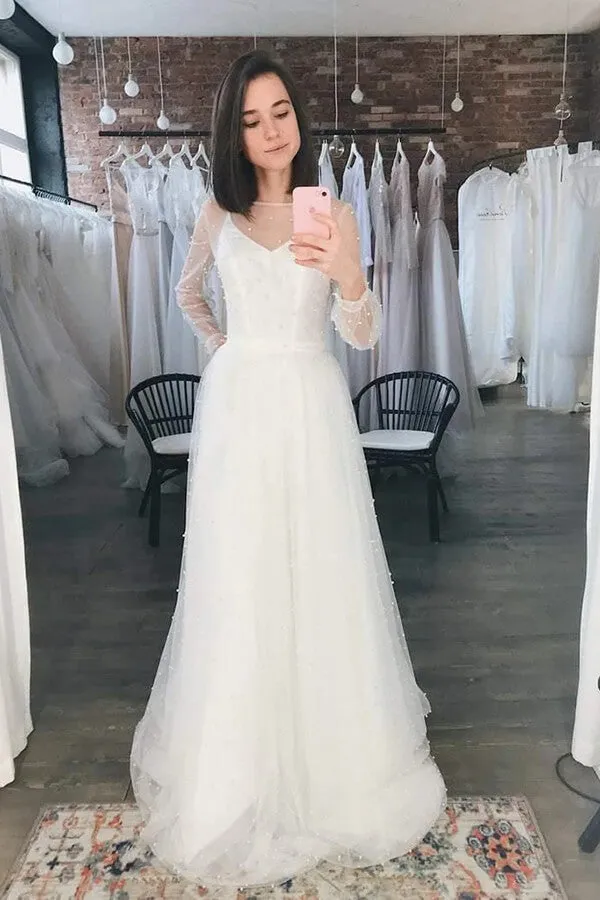 Ivory Tulle A-line Scoop Long Sleeves Beaded Bohemian Wedding Dresses, MW859