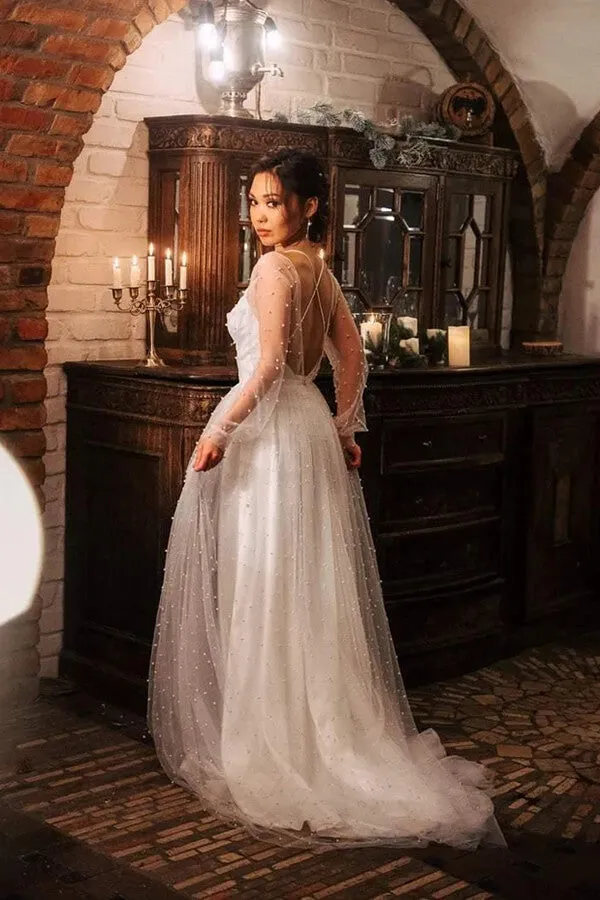 Ivory Tulle A-line Scoop Long Sleeves Beaded Bohemian Wedding Dresses, MW859