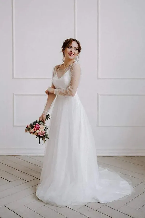 Ivory Tulle A-line Scoop Long Sleeves Beaded Bohemian Wedding Dresses, MW859