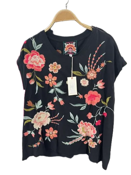 Johnny Was Joya Relaxed Drape Tee Flowers Black Shirt Floral Embroidery Top New