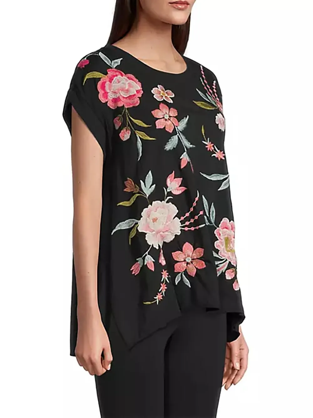Johnny Was Joya Relaxed Drape Tee Flowers Black Shirt Floral Embroidery Top New