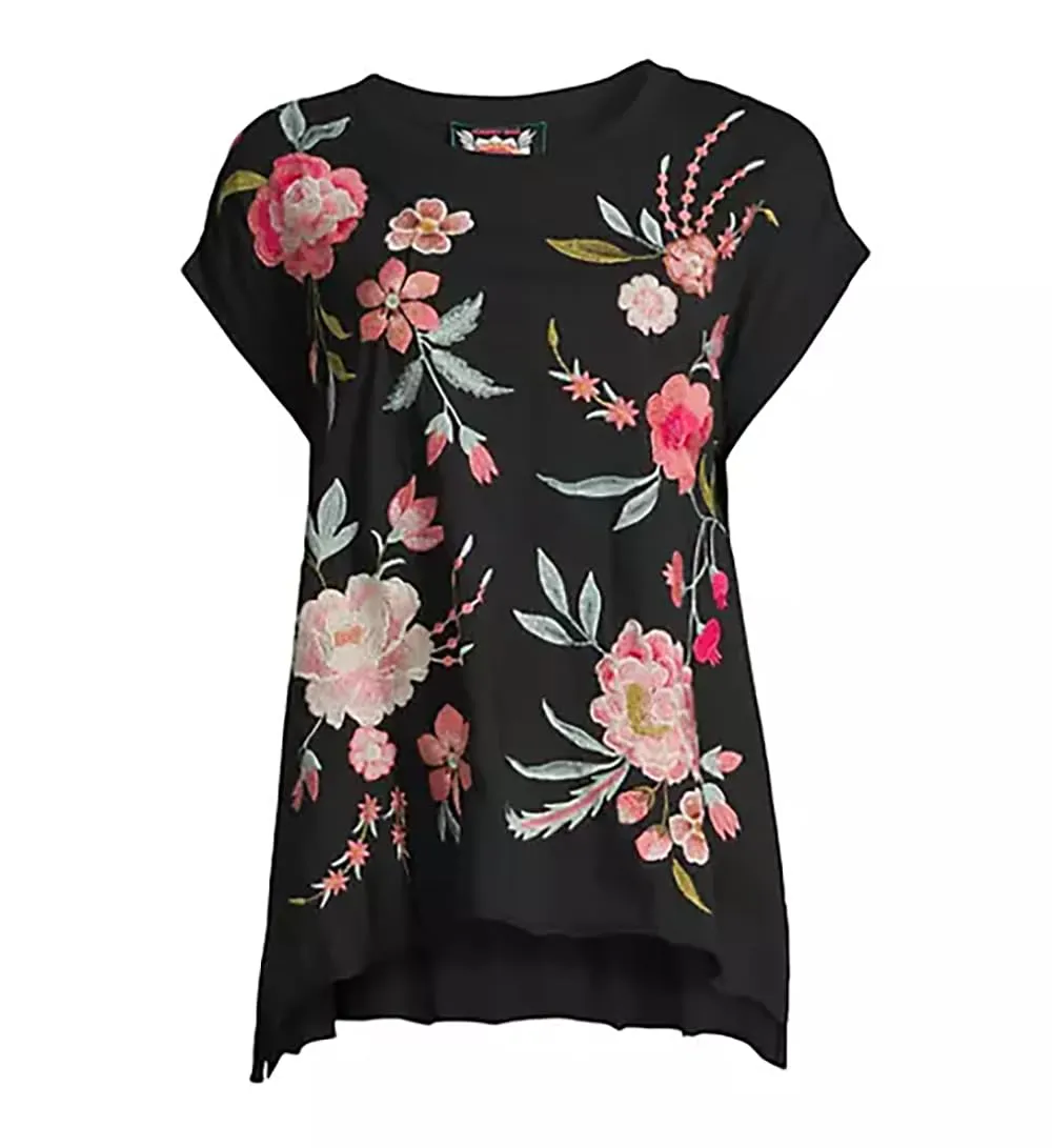 Johnny Was Joya Relaxed Drape Tee Flowers Black Shirt Floral Embroidery Top New