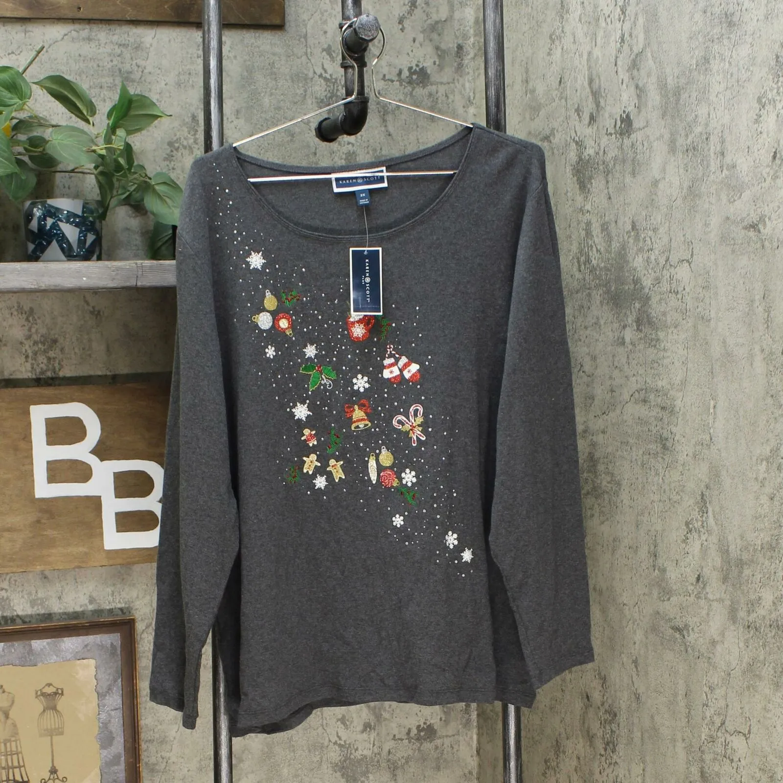 Karen Scott Women's Plus Size 3/4 Sleeve Christmas T-Shirt