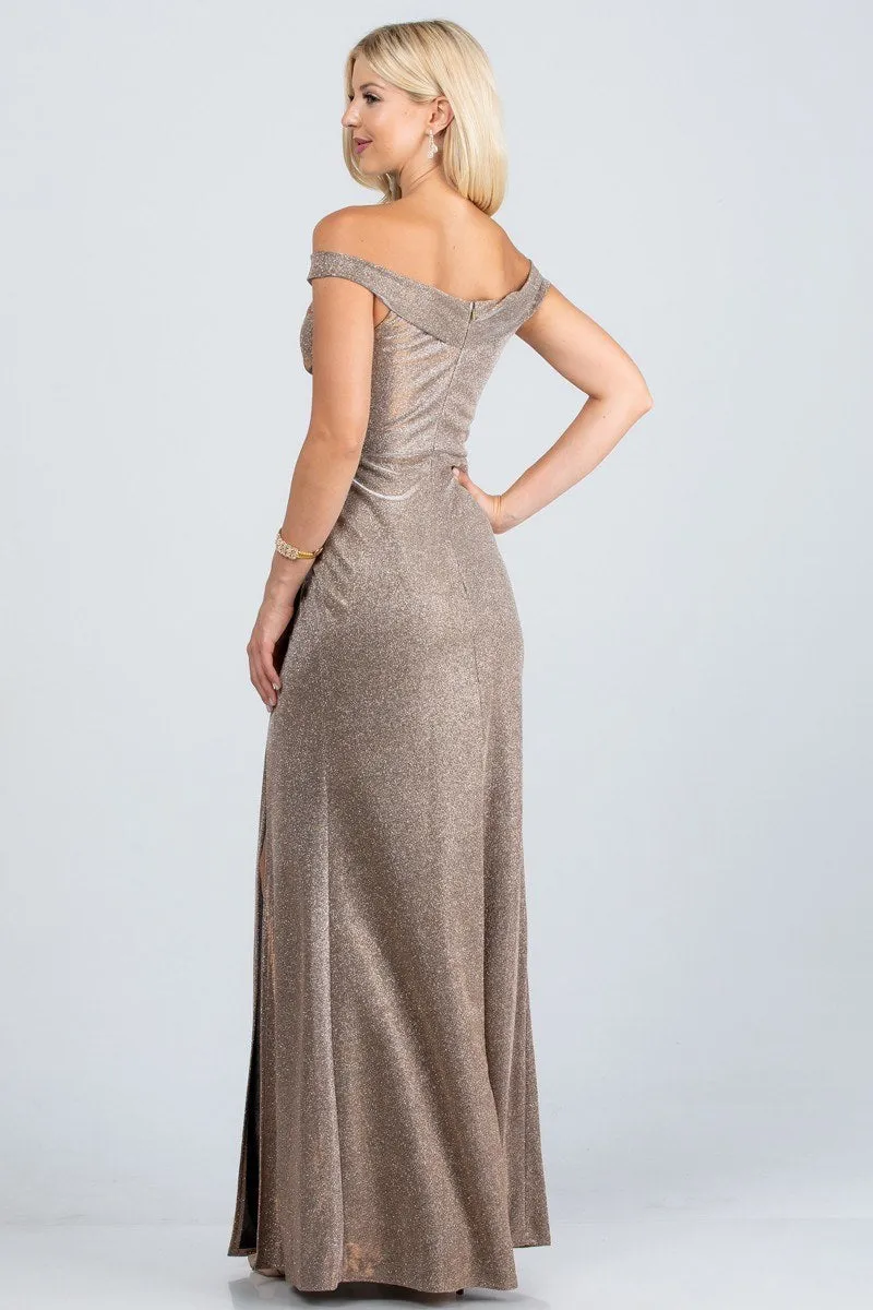 La Scala 25854 Off The Shoulder Glittery Jacquard Gathered Gown