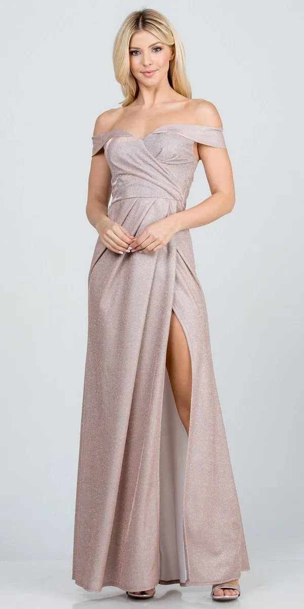 La Scala 25854 Off The Shoulder Glittery Jacquard Gathered Gown
