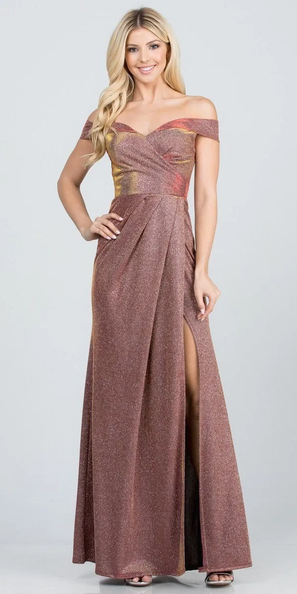 La Scala 25854 Off The Shoulder Glittery Jacquard Gathered Gown