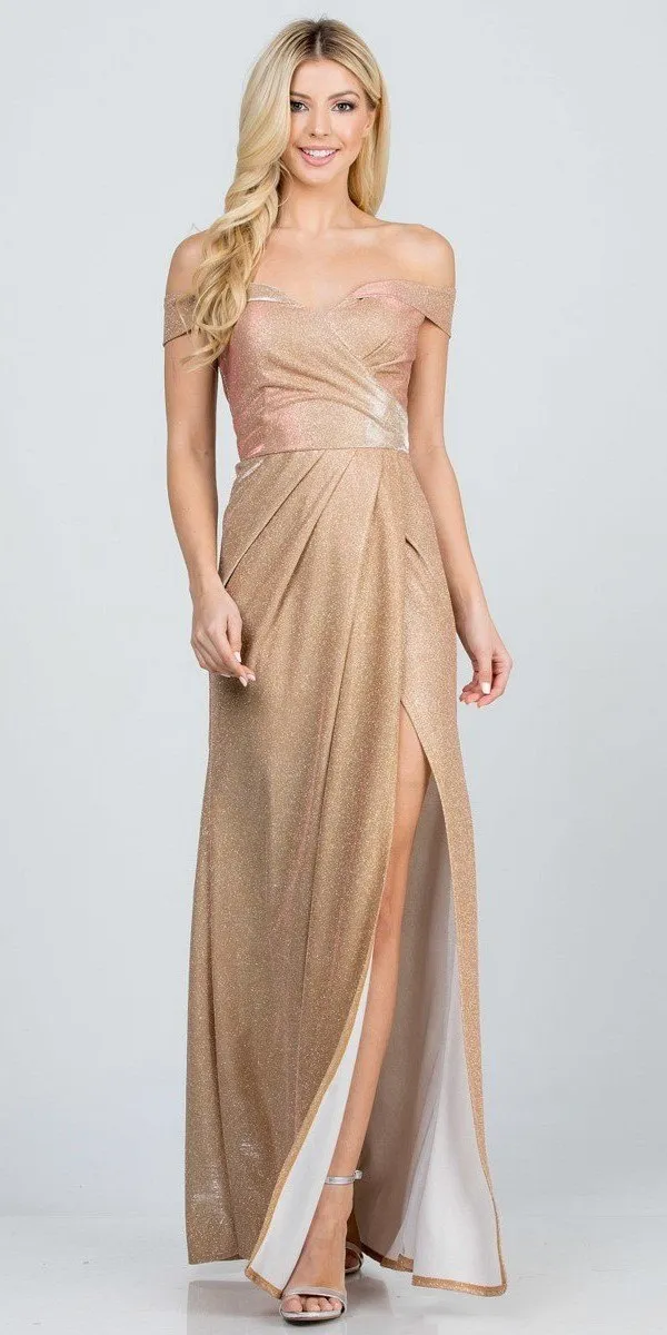 La Scala 25854 Off The Shoulder Glittery Jacquard Gathered Gown