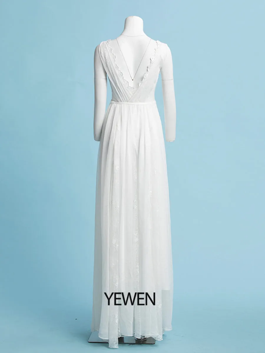 Lace Floral Chiffon Bohemian Wedding Dress Floor Length Bridal Gown with Sweep Train