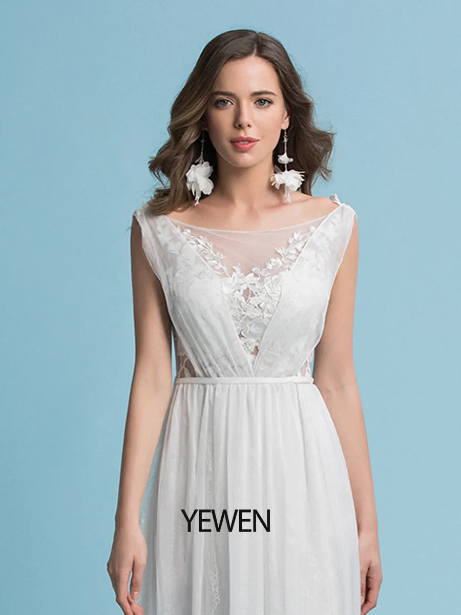 Lace Floral Chiffon Bohemian Wedding Dress Floor Length Bridal Gown with Sweep Train
